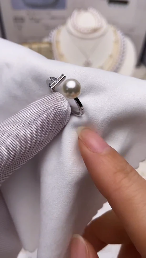 银S925镶嵌戒指海水珍珠羽皇金戒指6-7