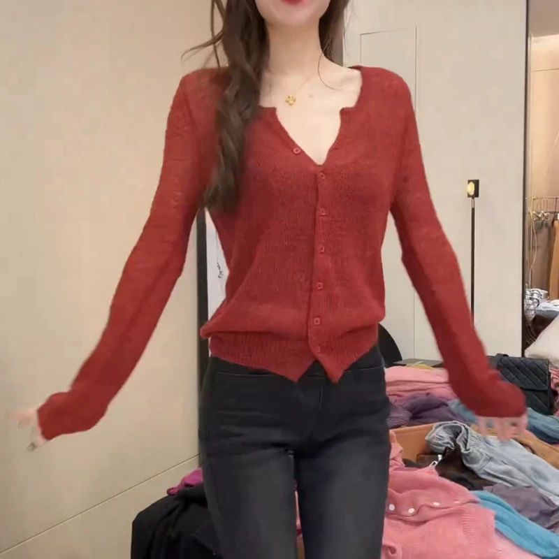 秋冬新款薄款开衫女秋冬打底剪刀领长袖针织衫LK2507757