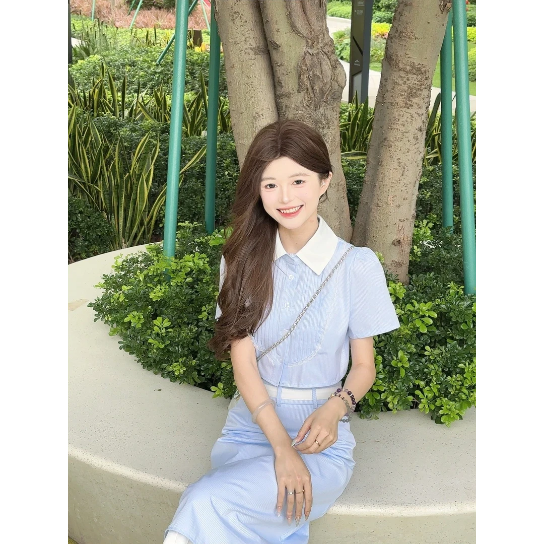 新款小众设计感气质法式衬衫上衣+半身长裙套装女夏季蓝色两件套