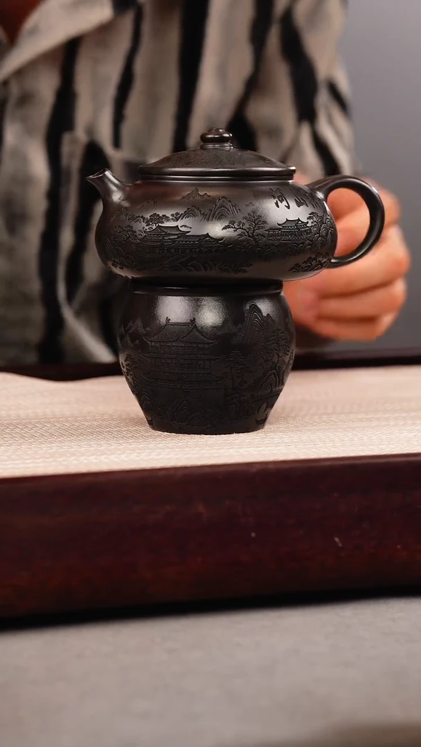 茶壶紫砂石黄 寒江 刻绘+山水杯