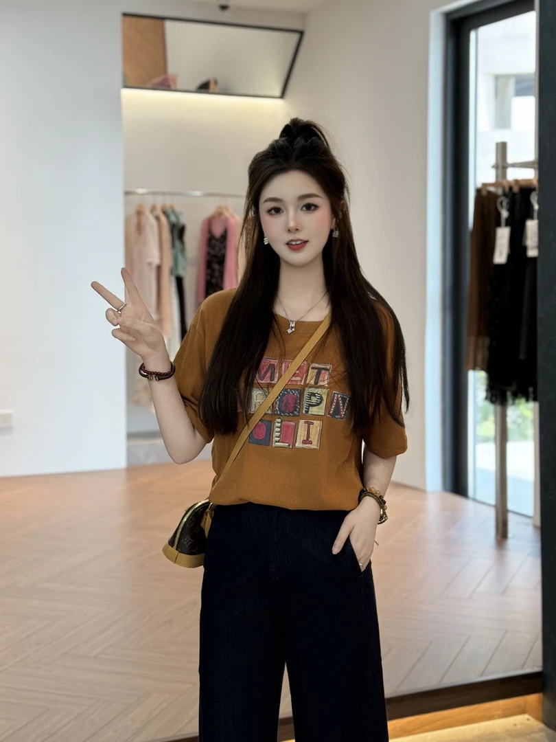 宿慕SUMU夏季重工宽松T恤6-16新款宽松百搭洋气短袖上衣女士1215