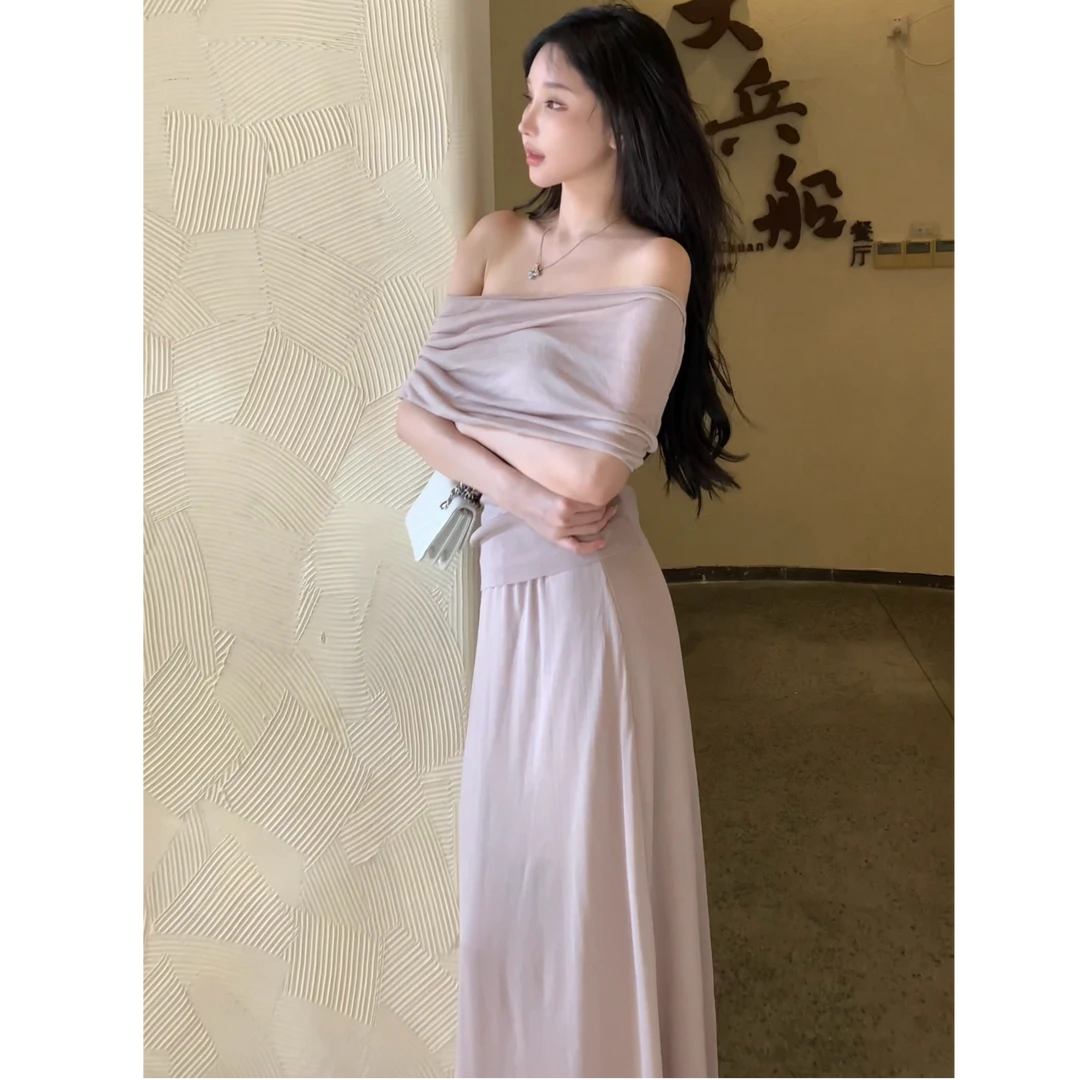 GABBY 一衣多穿一字肩针织上衣+显瘦法式半身裙两件套装 L1578