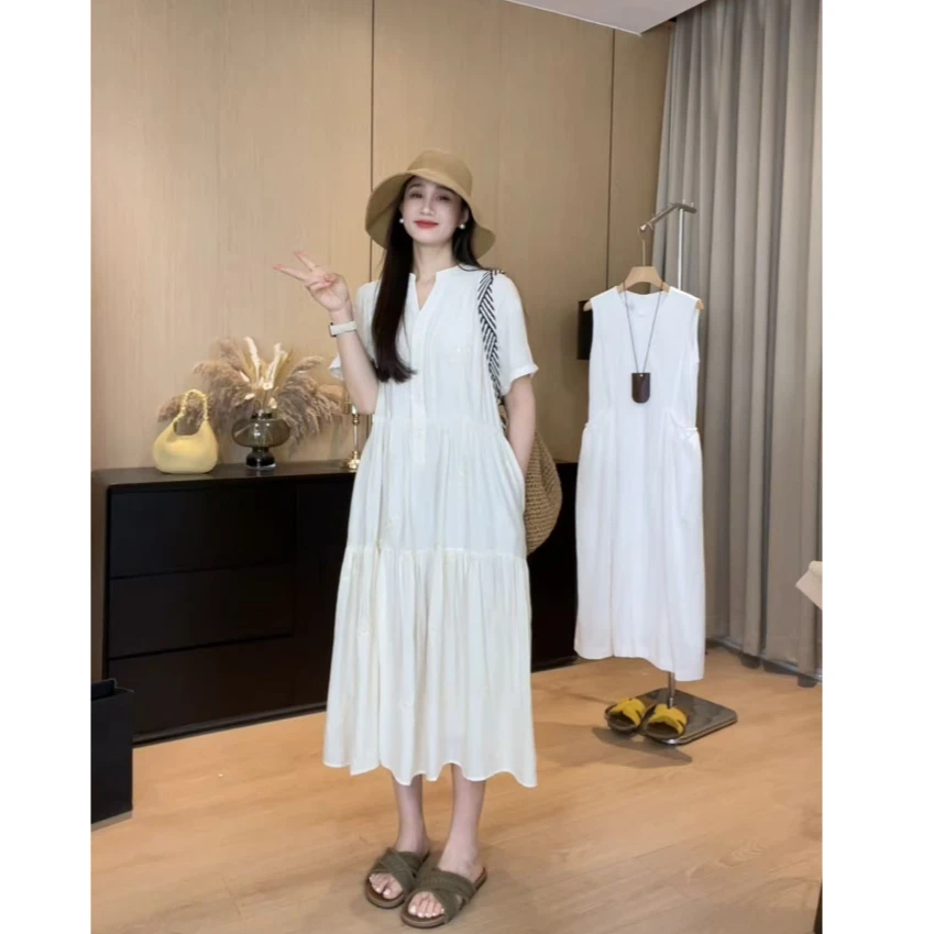 休闲气质显瘦连衣裙女夏季宽松2025新款短袖温柔风法式通勤长裙