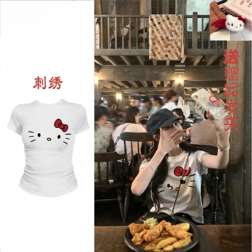 【AORSKK】【ZHAP】【刺绣赠送kitty发夹】新款kitty猫修身甜美韩系刺绣