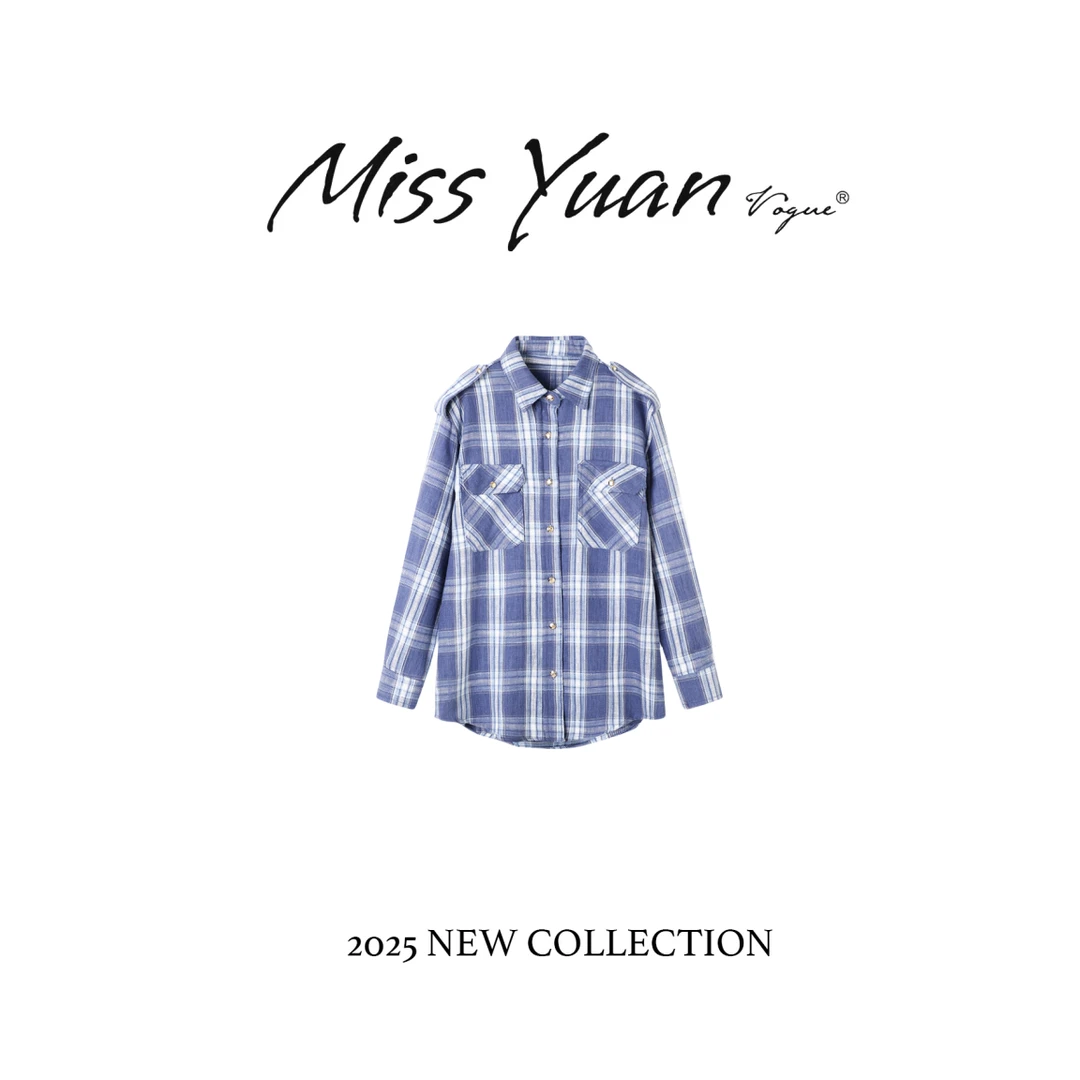 百搭蓝格经典翻领衬衣2025早春新款时尚设计感单排扣长袖衬衫女