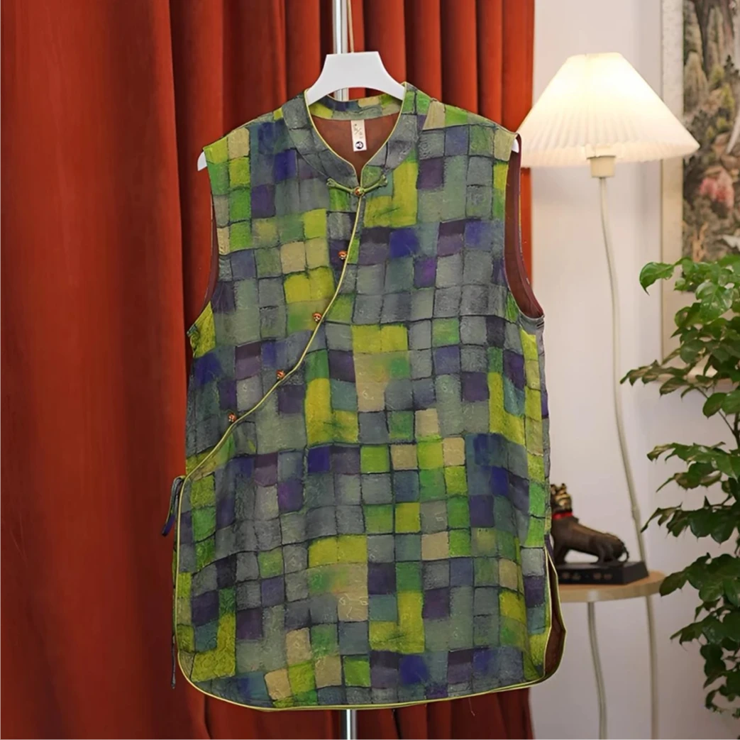 夏季时尚百搭绿色复古国风经典格子无袖新中式国风长衫无袖女裙子