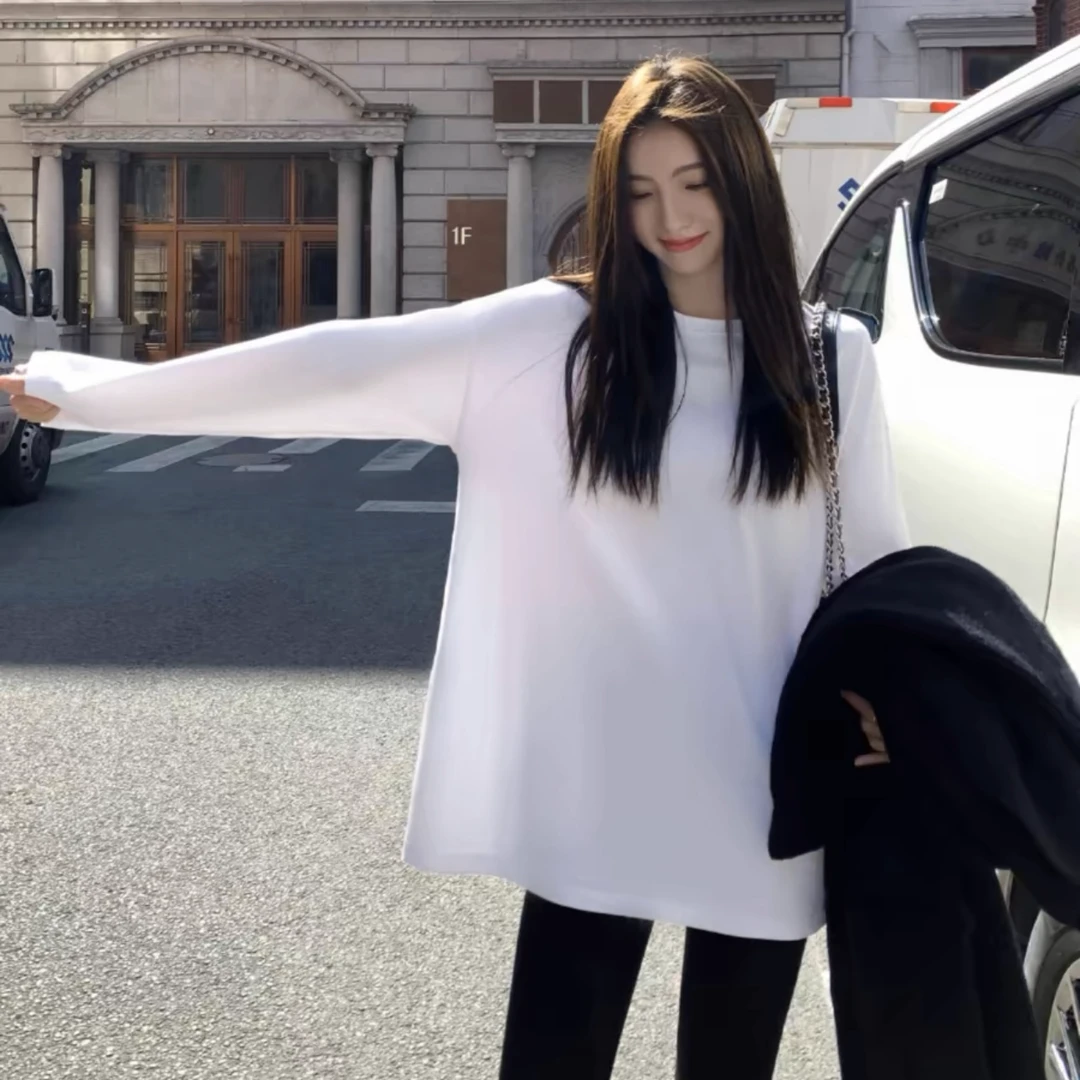 ANDEARDI圆领纯色长袖t恤250g通勤白色打底衫宽松早秋百搭上衣