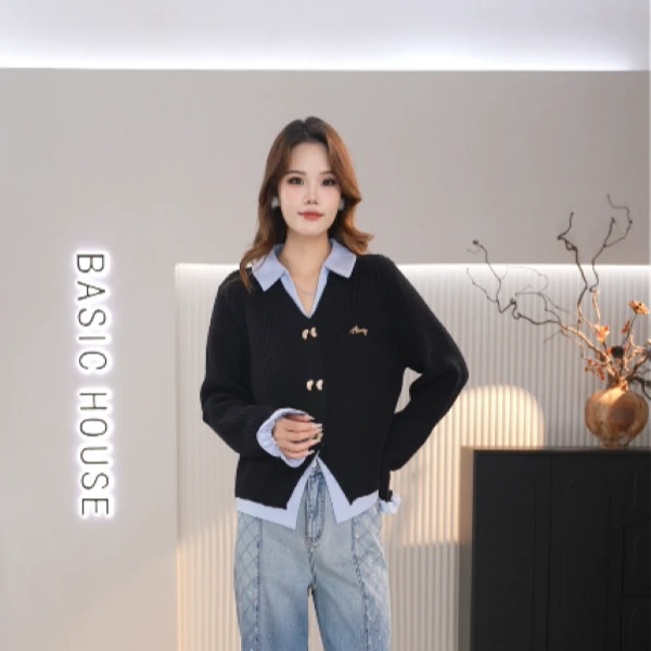 Basic House/百家好HY25春秋新款长袖假两件上衣简约宽松毛衣女