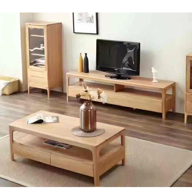 白橡木原木质工艺茶几简约大方连抽茶几 实木茶几 半岛茶几