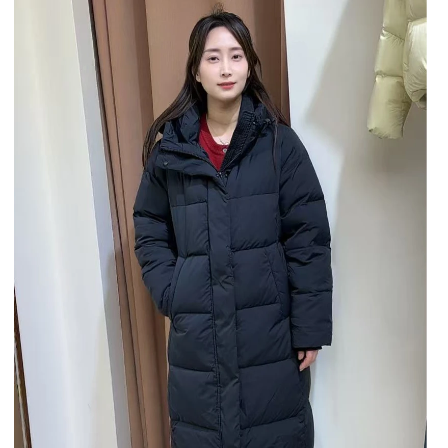 宽松型中长款纯色防水连帽羽绒服韩版冬季时尚秋冬