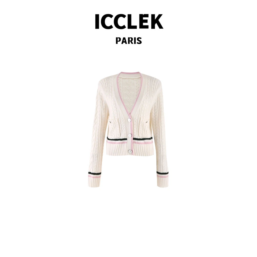 ICCLEK 粉白撞色 V领 长袖 针织衫 气质 轻奢 名媛 -2889