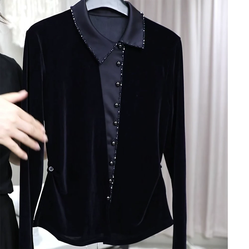 2025年秋季新款时尚个性拼接工艺显瘦上衣收腰长袖圆领衬衫C6356