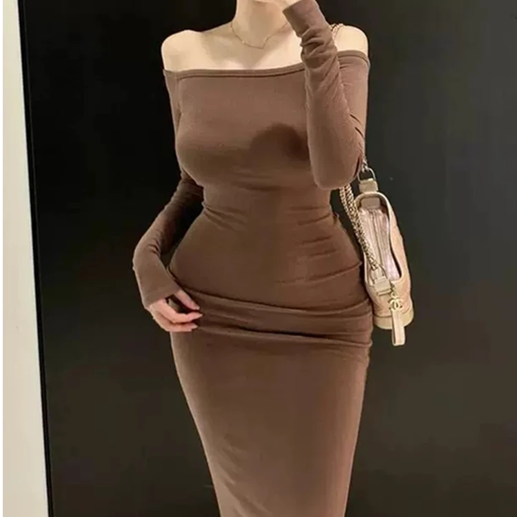 韩国东大门春夏新款气质一字领露肩收腰系带紧身中长款包臀连衣裙