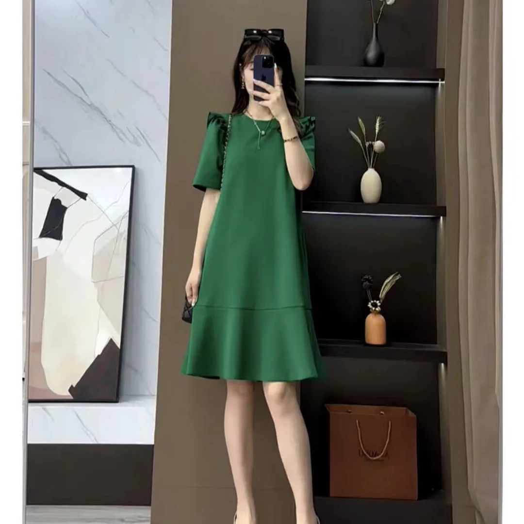 欧货鱼尾裙子2025新款夏季大码微胖显瘦遮肉中长款洋气短袖连衣裙