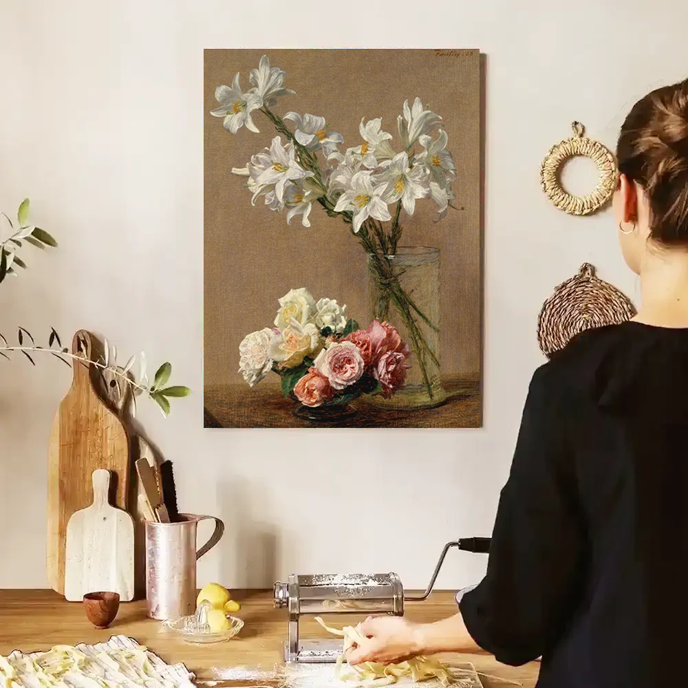 新中式拉图尔玫瑰和百合版画客厅餐厅装饰画卧室床头挂画墙壁画