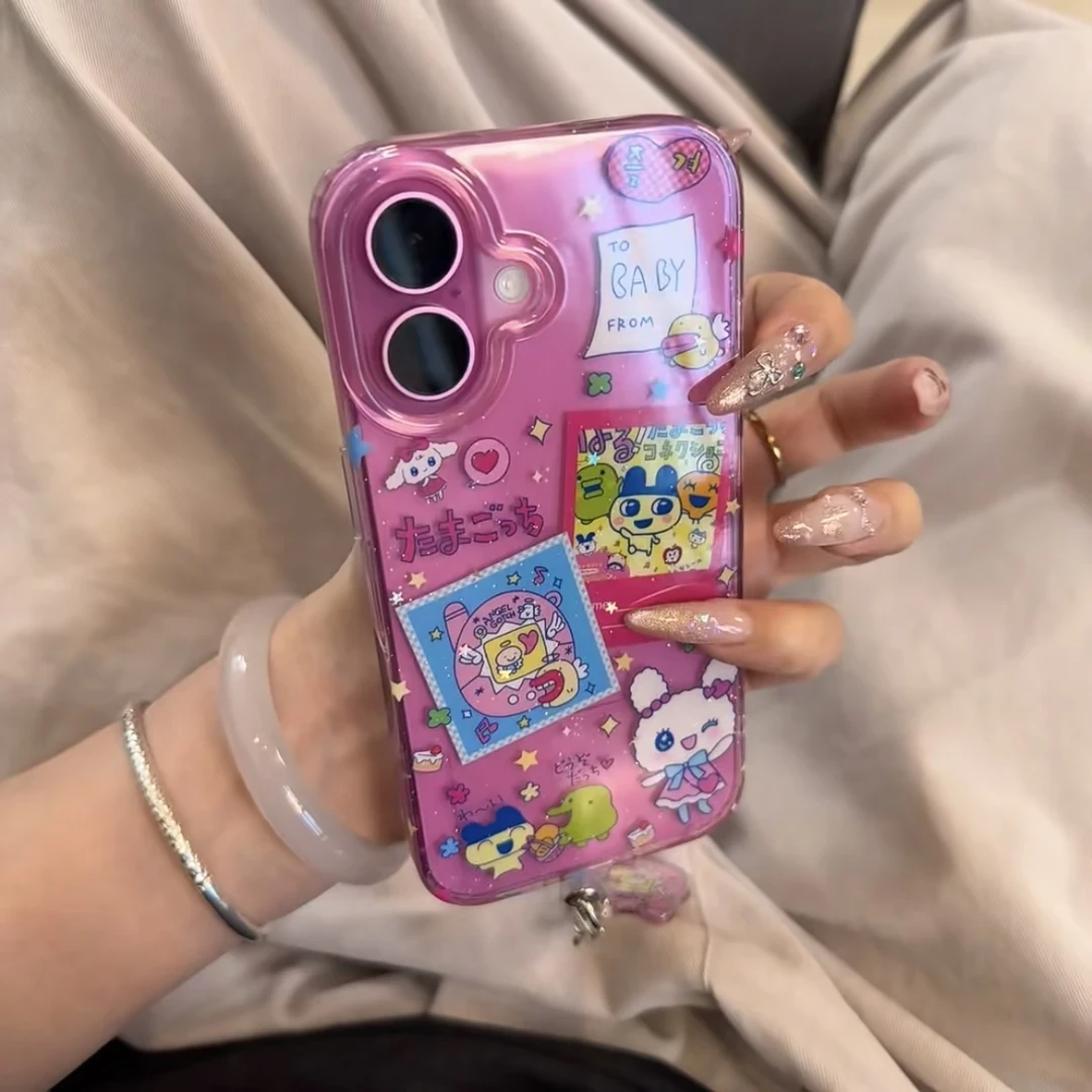 透明闪粉拓麻歌子插画适用iphone16promax苹果15pr手机壳13promax