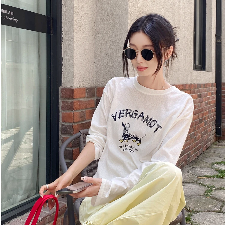 字母小狗印花薄款T恤衫夏季长袖外穿防晒上衣松弛感罩衫百搭显瘦