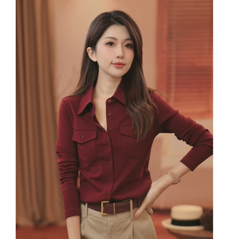 VITALITY COCO【复古格调】设计款休闲百搭复古红长袖衬衫外套-2410