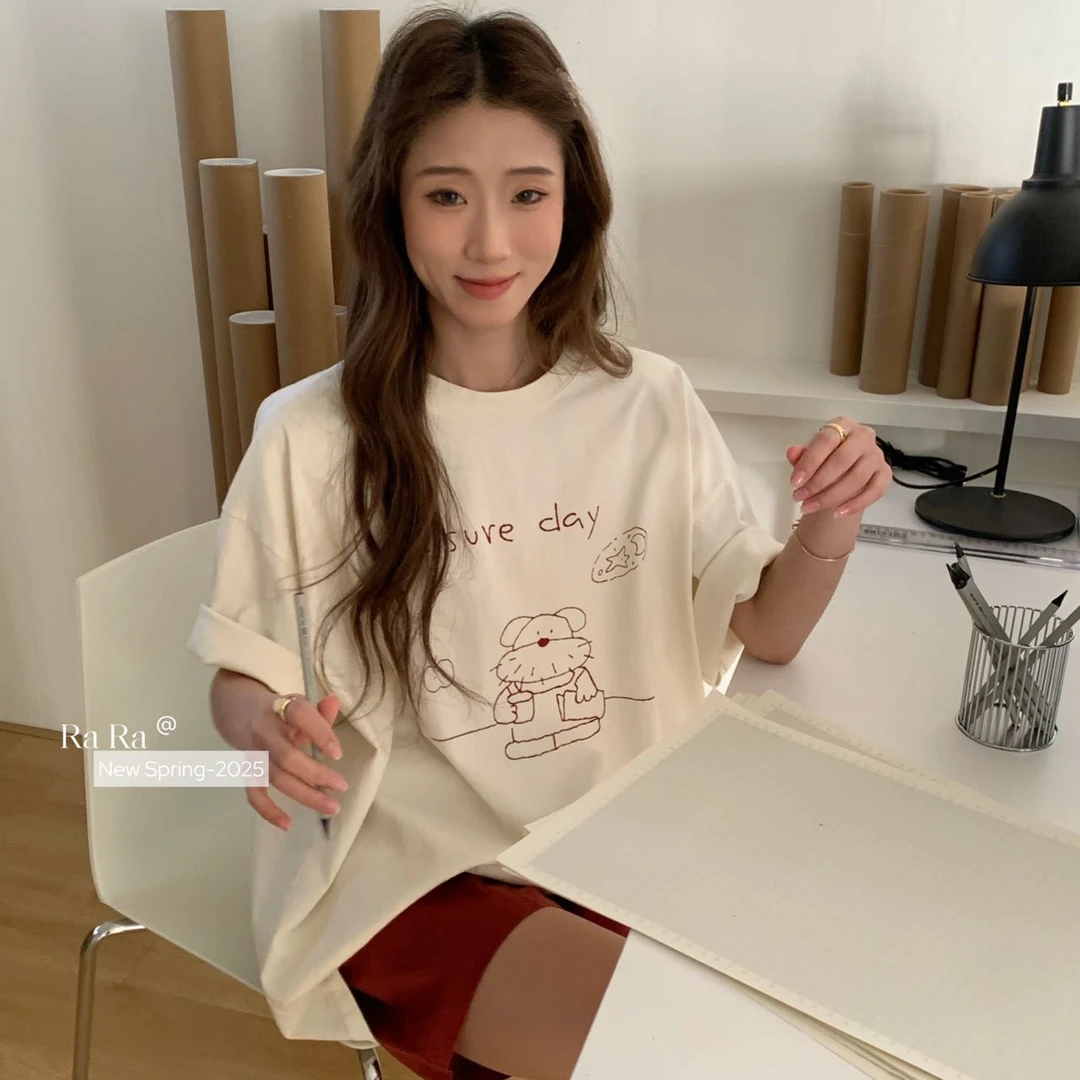 韩系宽松休闲短袖t恤女夏季中长款遮臀卡通印花减龄洋气圆领上衣