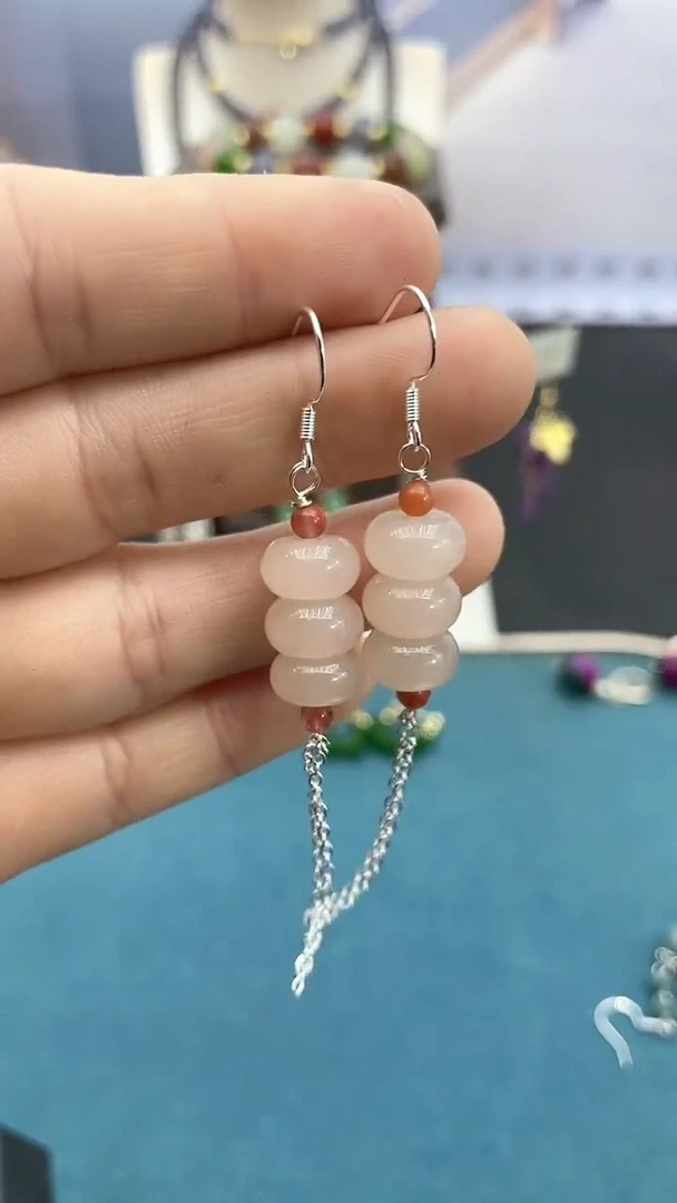 【闪购商品】和田玉耳饰银S925镶嵌藕粉算盘耳钩