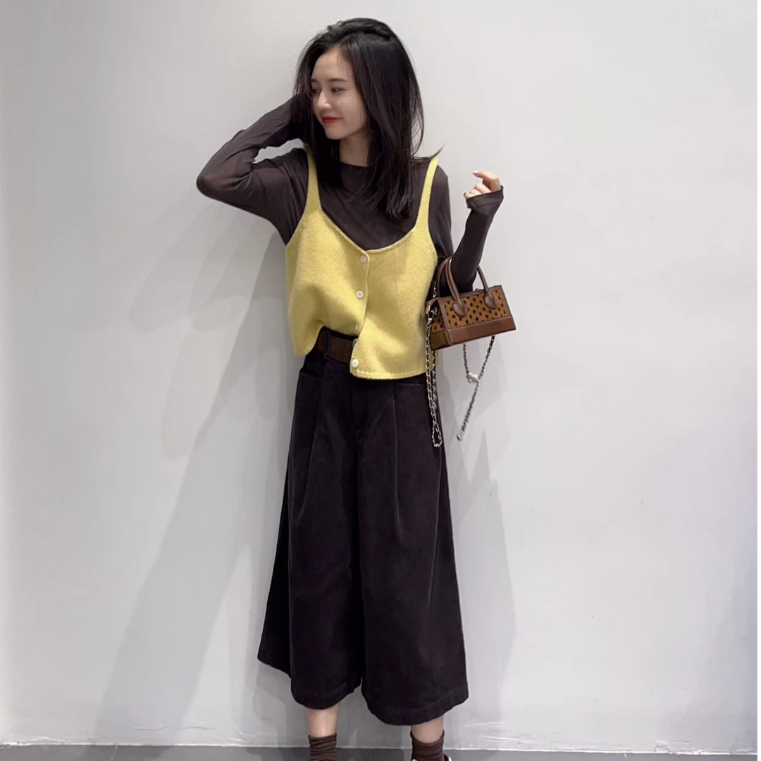 秋季新款时尚洋气百搭女装毛衣吊带针织马甲叠穿打底衫休闲裤套装