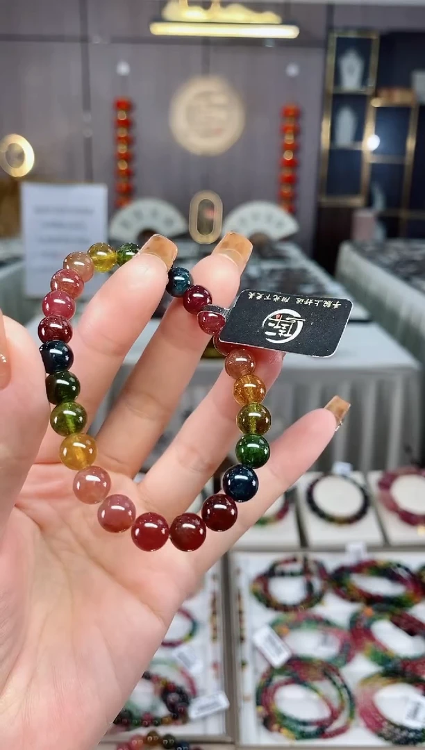 老矿碧玺帝王彩虹透体单圈手串7mm+未镶嵌碧玺dan多样性发货一条