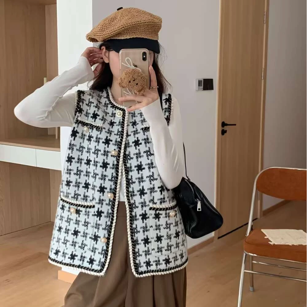 春秋款井字格休闲气质百搭时尚圆领减龄慵懒小香风开衫宽松马甲