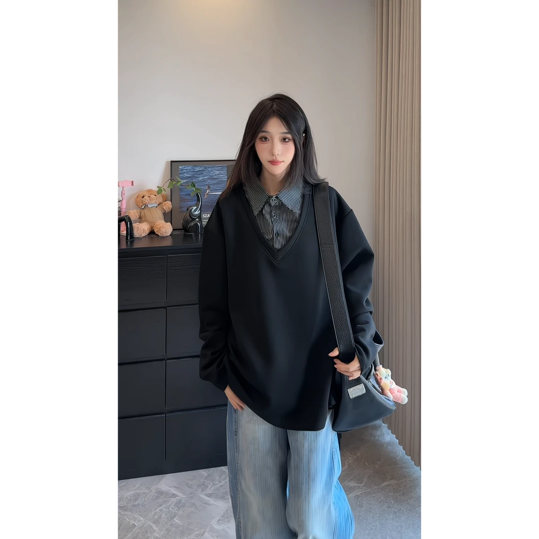 潮牌拼接衬衫领Polo衫男女春秋美式复古长袖T恤百搭宽松休闲卫衣
