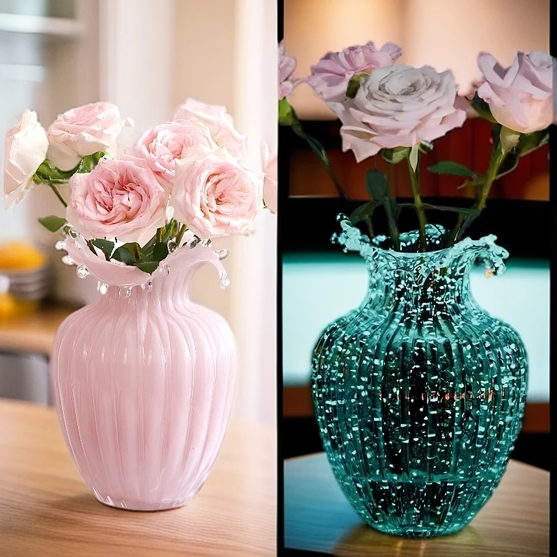 网红夜光荧光花瓶玻璃粉色插花玫瑰鲜花客厅餐桌摆件