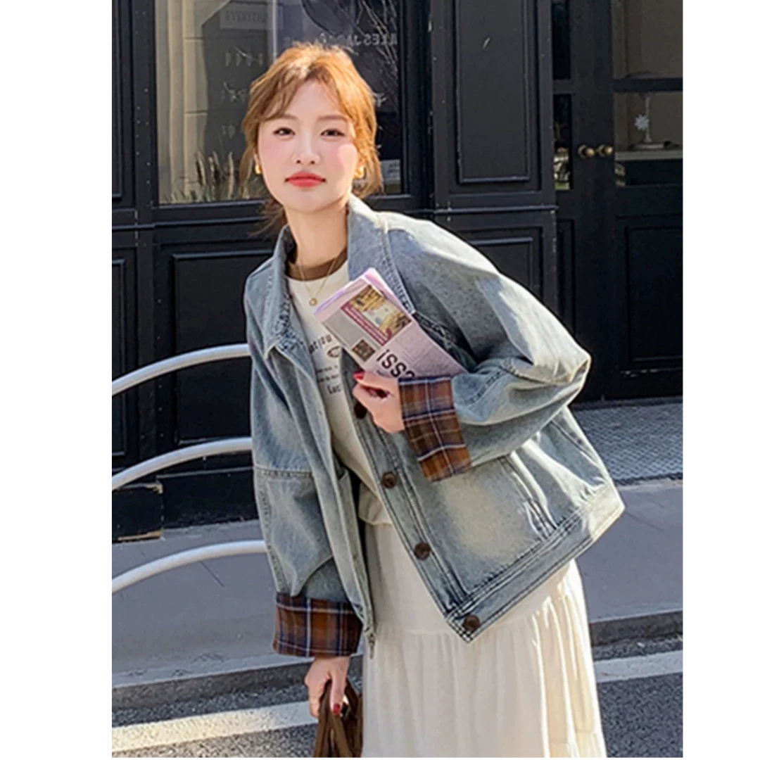 格子拼接牛仔外套女2025新款春季高级感复古宽松时髦洋气夹克上衣
