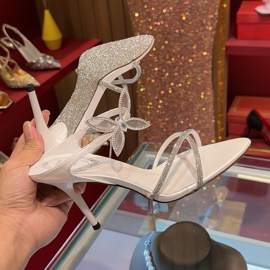 好美~尖头水钻凉鞋露趾夏季细跟女性感新款高跟鞋女拖鞋外穿时尚