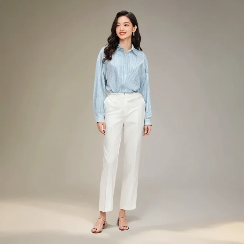 出口韩国时尚休闲女士均码蓝色条纹长袖衬衫春秋通勤女装设计师款