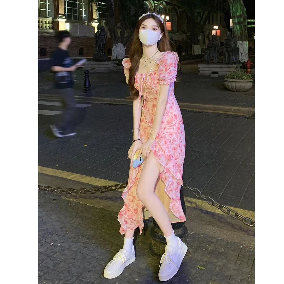 9171 碎花方领开叉氛围感连衣裙女收腰显瘦气质长裙