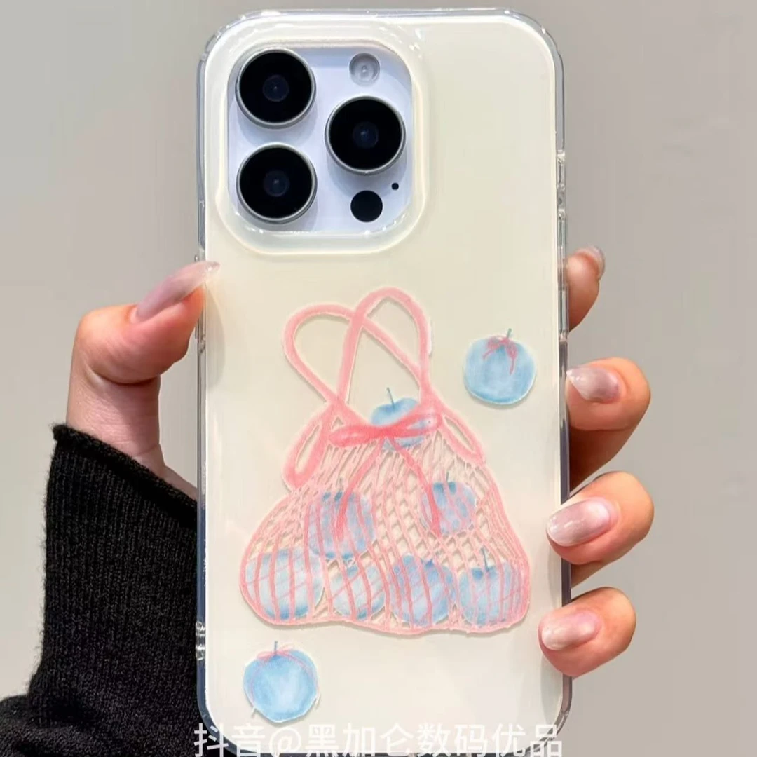 韩系小众蓝苹果购物袋适用苹果16promax双层iphone15链条14手机壳