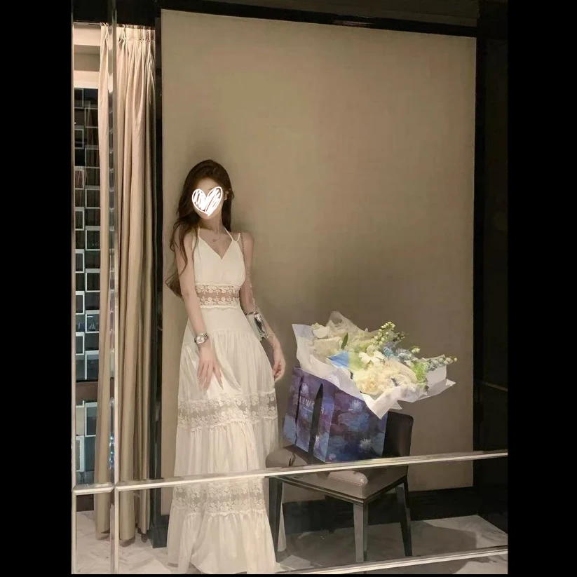 法式蕾丝拼接吊带高腰气质长裙绑带挂脖连衣裙（无胸垫）