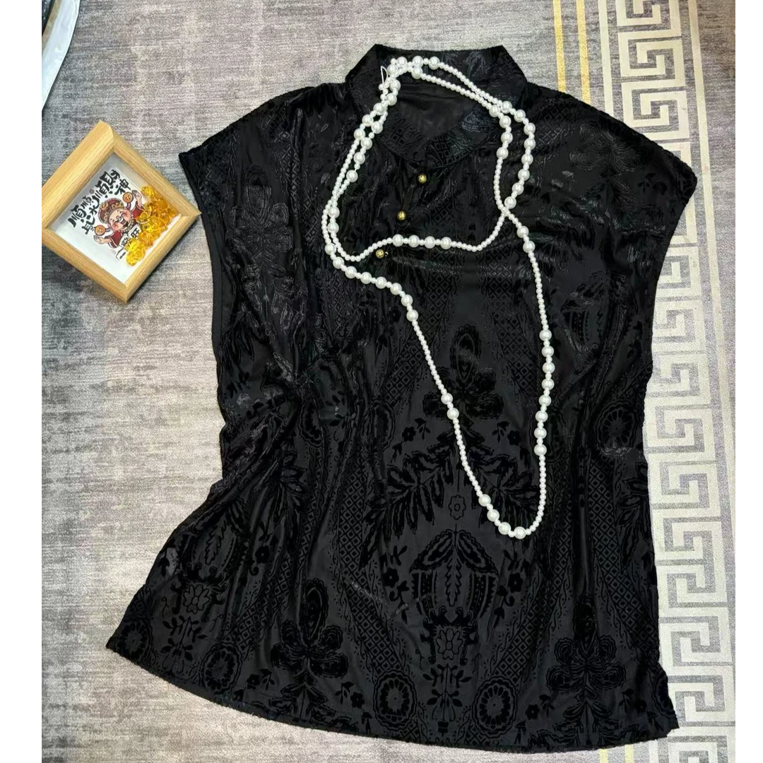 薄款无袖圆领斜领烧花拼接上衣背心时尚清凉感中国风新中式女士