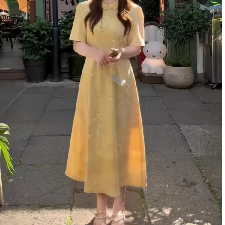 5766-1-质感显瘦中式改良连衣裙大码女装连衣裙