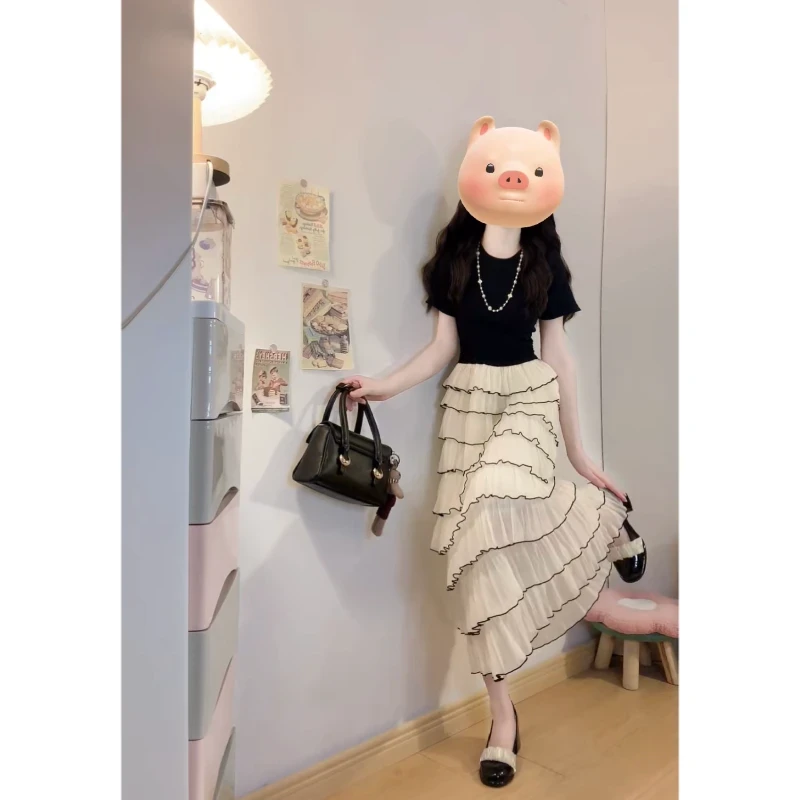 大码小香风假两件拼接连衣裙法式温柔芭蕾蛋糕裙赫本风气质长裙子