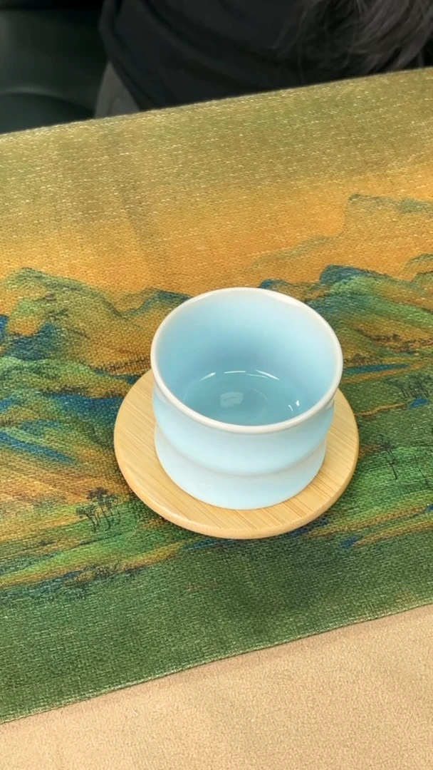 杯子瓷韩红 天青釉 竹节杯