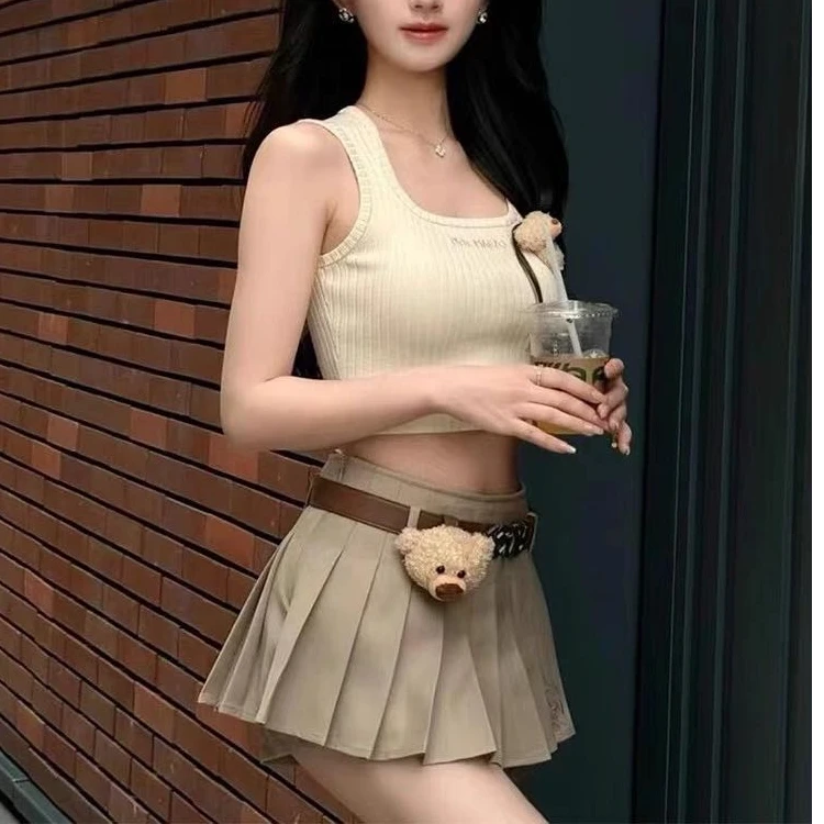 立体小熊复古高腰皮带带熊百褶裙