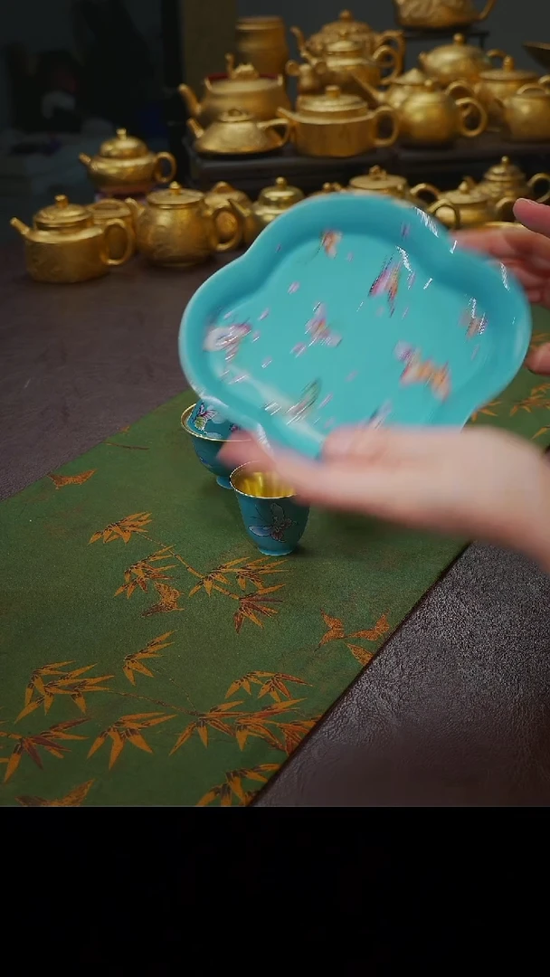 茶杯紫砂【宜景窑松石蓝鎏金系列】壶承