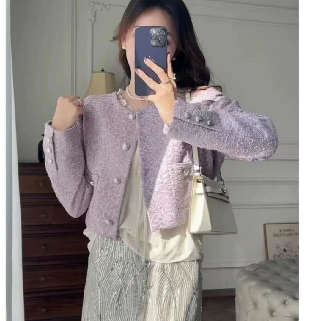 紫色迷迭香法式纯手工剪花工艺圆领短款小香风外套