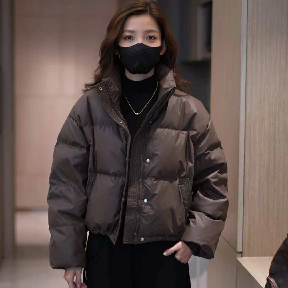 【原版正品】2024新款免洗PU软蛋白皮羽绒服外套肯豆风大码韩式立领