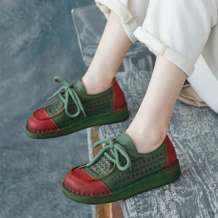 2025春夏款民族风复古牛皮圆头软底罗马女鞋系带休闲镂空鞋软底鞋