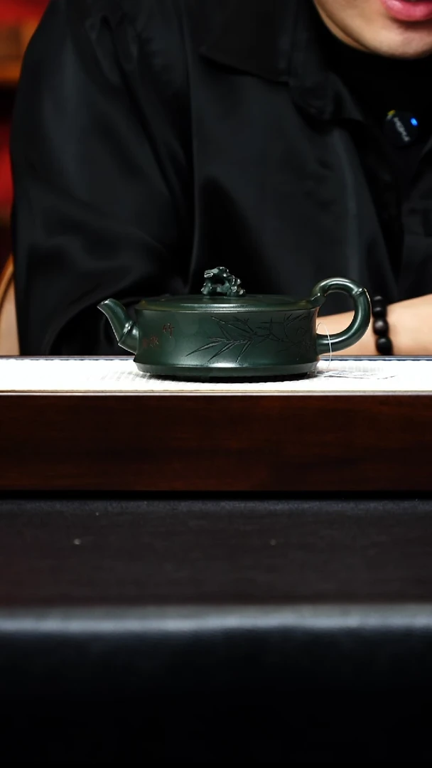 茶壶紫砂宜兴紫砂 竹韵周盘 绿泥 谭青h450