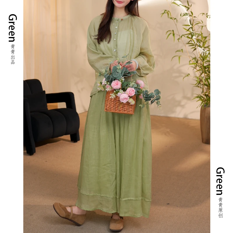 6195春夏季新款复古小众休闲百搭100%苎麻双层下摆褶皱半身裙