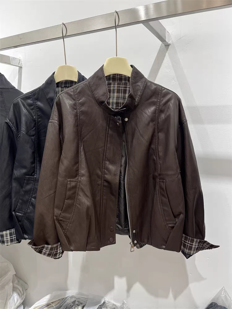 2025秋季新款简约气质百搭美拉德PU皮上衣韩版