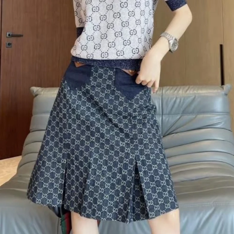 未使用 GUCCI/古驰 Gucci Denim Logo满印A字休闲短裙 蓝色40