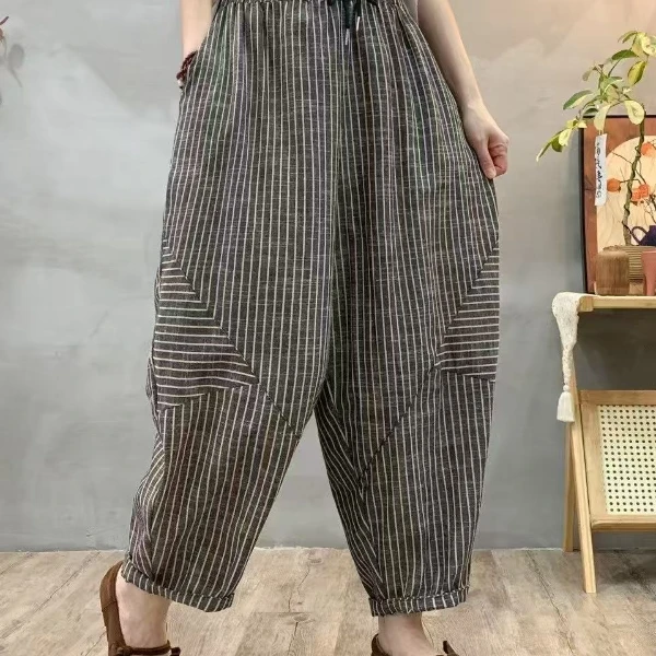 SYBY-2025夏季条纹时尚萝卜裤阔腿九分裤长裤休闲裤文艺灯笼裤