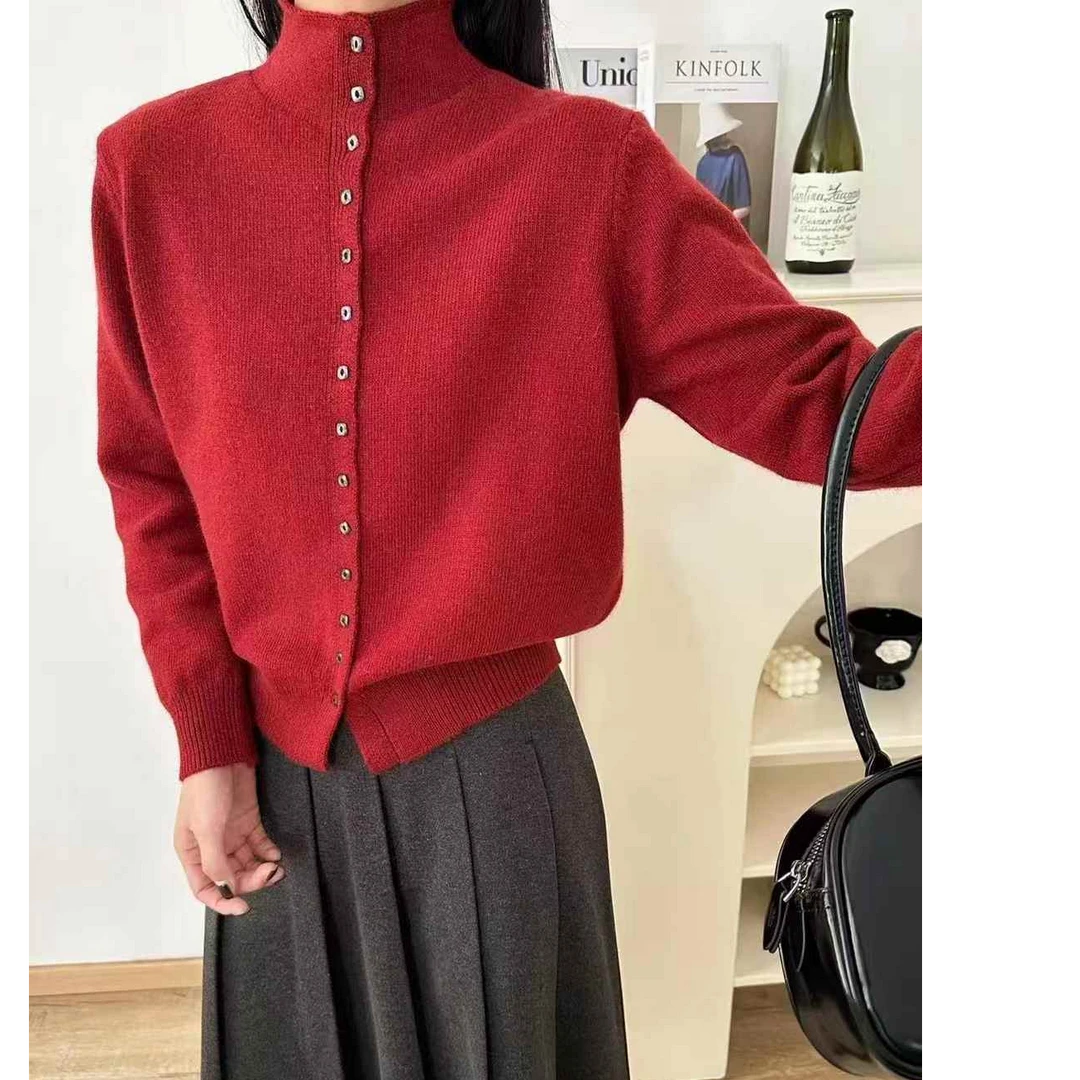 【车厘子红】~方糖扣立领长袖针织开衫秋冬单排扣设计感针织衫